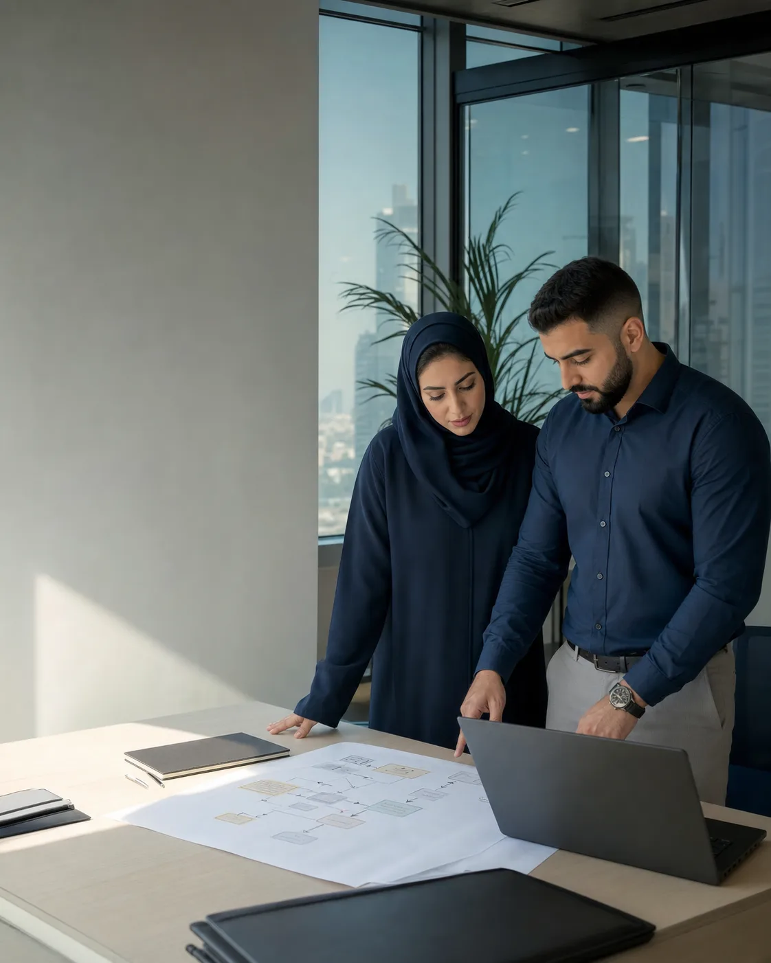 Two Gulf business professionals reviewing an operational workflow together.
