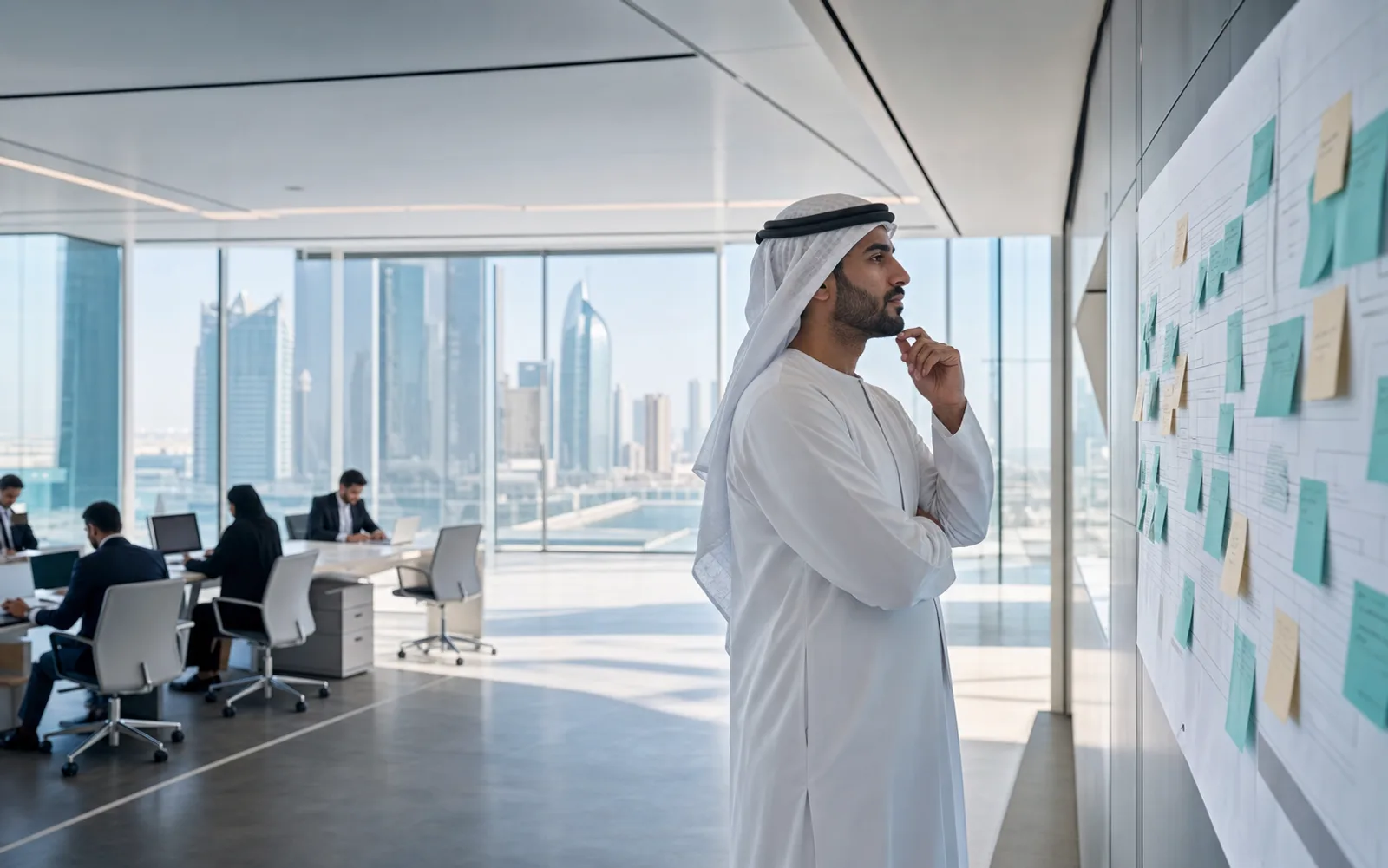A Gulf operations manager reviewing a process plan in a contemporary workplace.