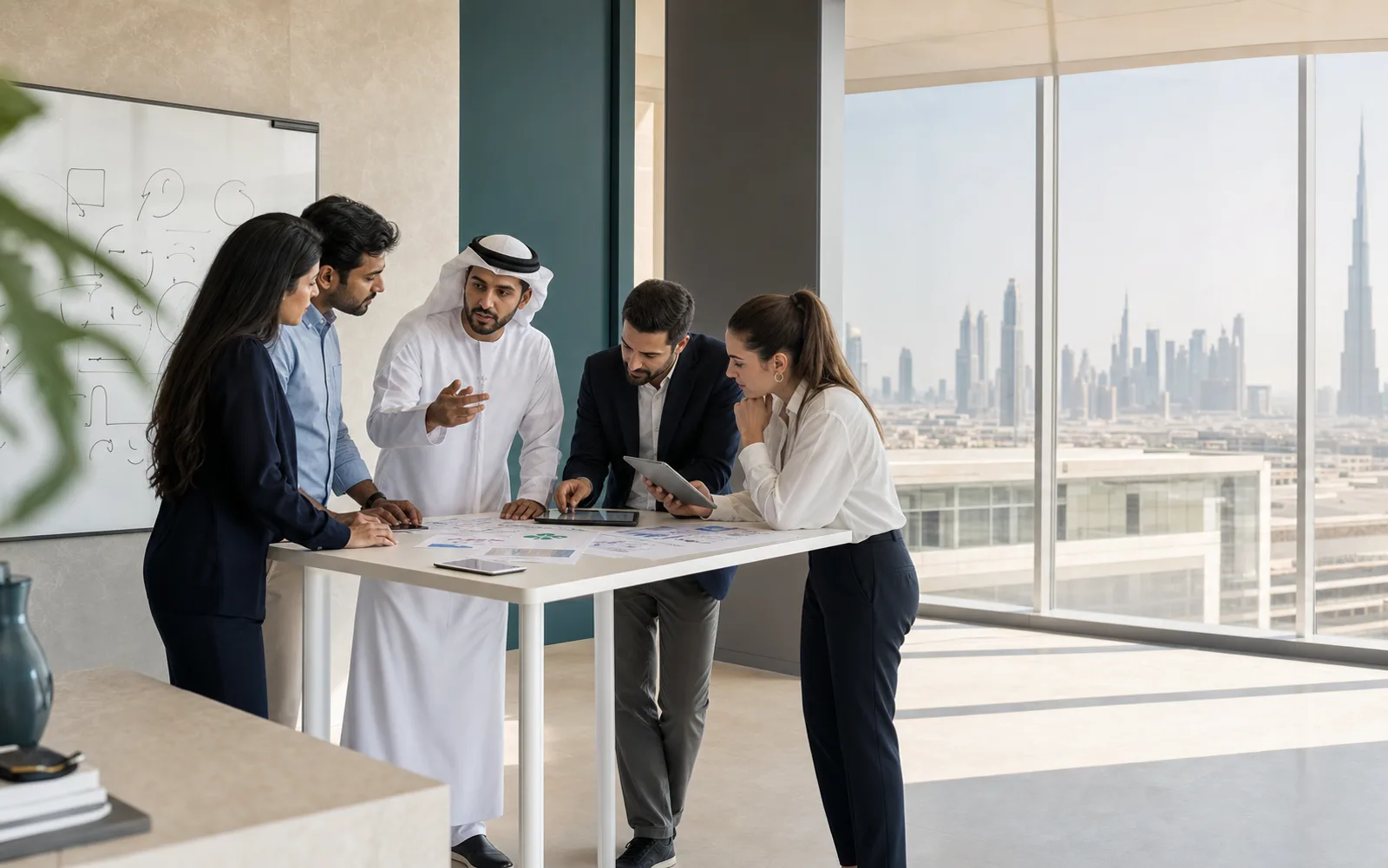 A Gulf business team making decisions around an operations table.